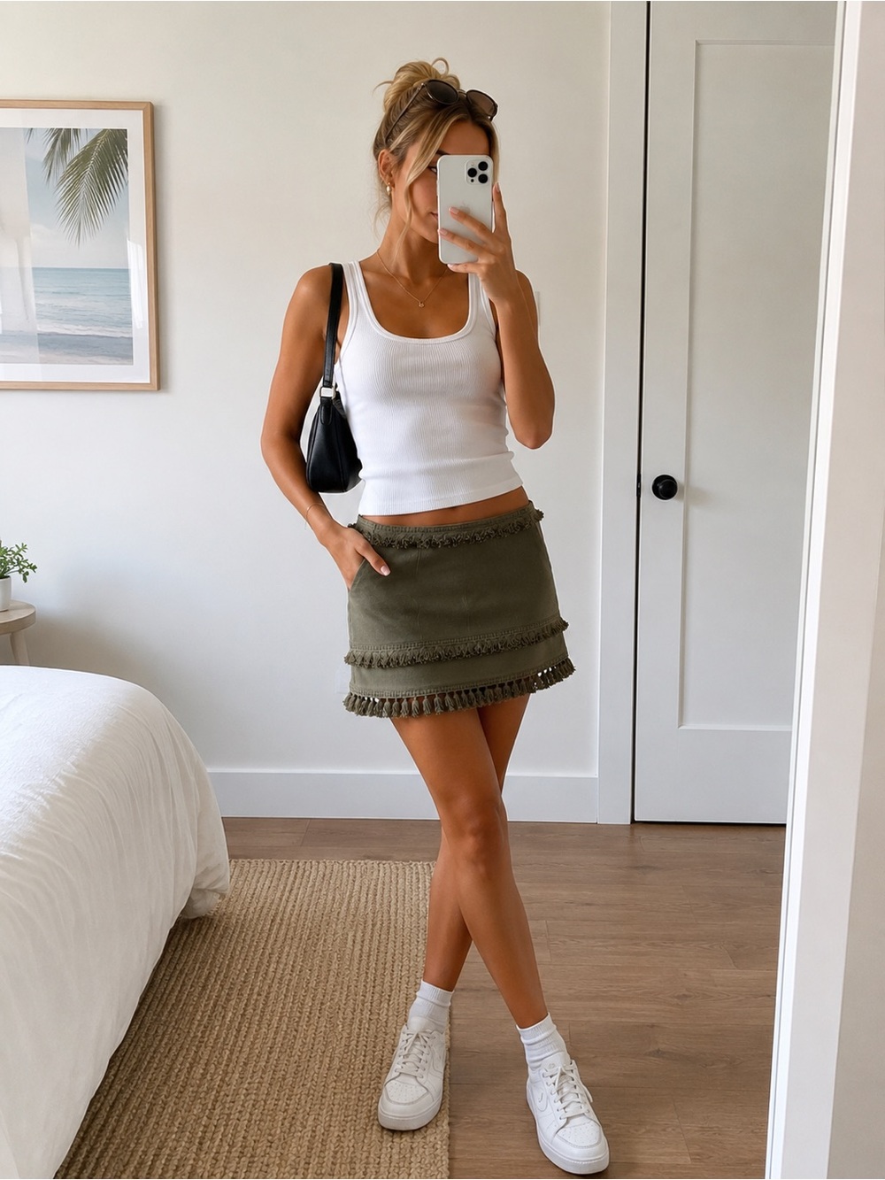 Skylar + Madison Olive Green Fringe Mini Skirt Boho Festival Size M NWT